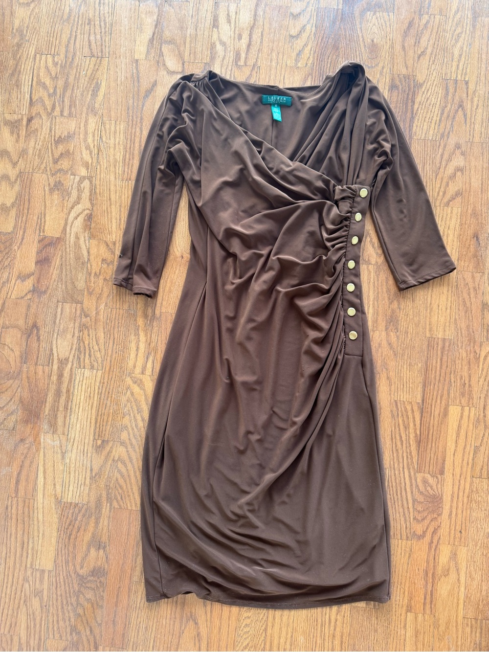 Ralph Lauren Chocolate Brown Ruched Jersey Dress with Gold Buttons